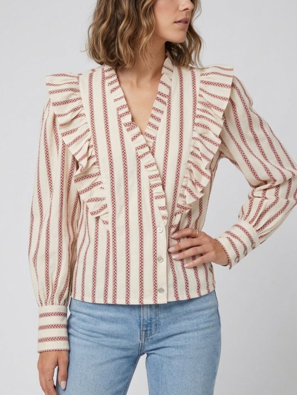 FRNCH Paris Ruffled Cotton Striped Blouse Size L